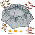 Automatic foldable fishing bait trap by cj, collapsible crab, shrimp, crawfish cage with contraction mesh and cast and retrieve design.