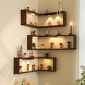 LED Corner Shelf floating wall shelves with lights installed in a bedroom corner for modern decor and storage.