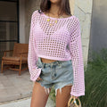 Womens Solid-Color Casual Fashion Hollow Long-Sleeve Top - whimsywagon