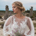 Embroidered Gauze Wedding Dress | Round Collar Long Sleeve Bridal Gown