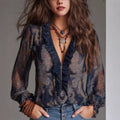 Deep V-neck Paisley Ruffle Chiffon Blouse - whimsywagon