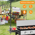 CJ vertical BBQ organizer with paper towel holder, hooks, and baskets designed for Blackstone grill storage and grilling accessories.