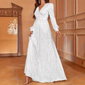 Sequined Long Sleeve Evening Dress - Elegant V-Neck High-Waist Gown