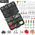 CJ 188-piece fishing tackle kit with tackle box, hooks, sinkers, and lures for jig spinning and freshwater fishing.