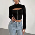 Elegant High-neck Zip-up Long-sleeve Stretch Top - whimsywagon