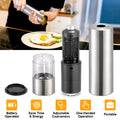 Electric pepper grinder by cj with stainless steel body, LED light, adjustable coarseness, and refillable salt and pepper mill set.