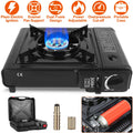 Portable camping stove by cj with dual fuel burner, piezo ignition, and auto shutoff, suitable for hiking and picnics.