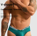 Men's large V-shaped low-rise underwear by CJ with U-convex large pouch and triangle design, shown in a close-up image.