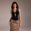 Womens Black Sleeveless Lace V-Neck Twist-Back Tank Top