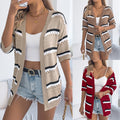 Womens Casual Striped Hollowed-Out Knitted Top With Three-Quarter Sleeves - whimsywagon