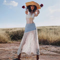 French Style A-Line Dress - Low Waist with Lace Trim and Denim Stitching