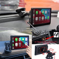 CJ portable IPS car smart display tablet showing wireless CarPlay and Android Auto projection on a car dashboard.