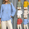 Vintage cotton-linen crew-neck long-sleeve blouse for women by CJ, featuring a classic fashion style with a relaxed fit.