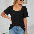 Solid-color Square-neck Short-sleeve Loose-fit T-shirt Knitted Top - whimsywagon