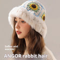 Handmade crochet rabbit fur bucket hat from cj, warm and cold-proof winter accessory with soft fur and stylish design.