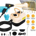 CJ handheld steam cleaner with digital display, 1500W power, 1200ML tank, 6 levels, and 8 accessories for home and auto detailing.