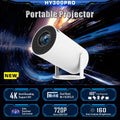 CJ HY300 Pro portable projector displaying a vibrant home theater scene with colorful images on a wall.