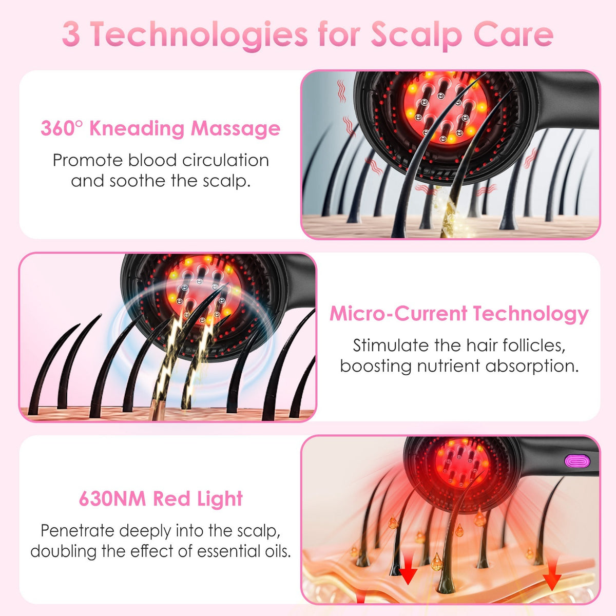 3-in-1 Red Light Therapy Scalp Massager - Cordless Hair Oil Applicator ...