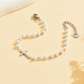 Minimalist Faith Bracelet - Delicate White Pearls and Stainless Steel Cross Pendant