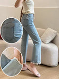 Women's Light Blue Cropped Jeans - Micro Flare Fit with Lace Trim & Stitching