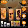 Set of three flameless Halloween candles by cj, battery-operated LED lamps with warm orange glow and timer for spooky party decor.